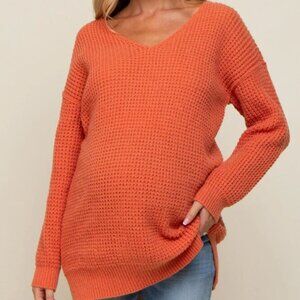 Orange Chunky Knit V-Neck Side Slit Long Maternity Sweater